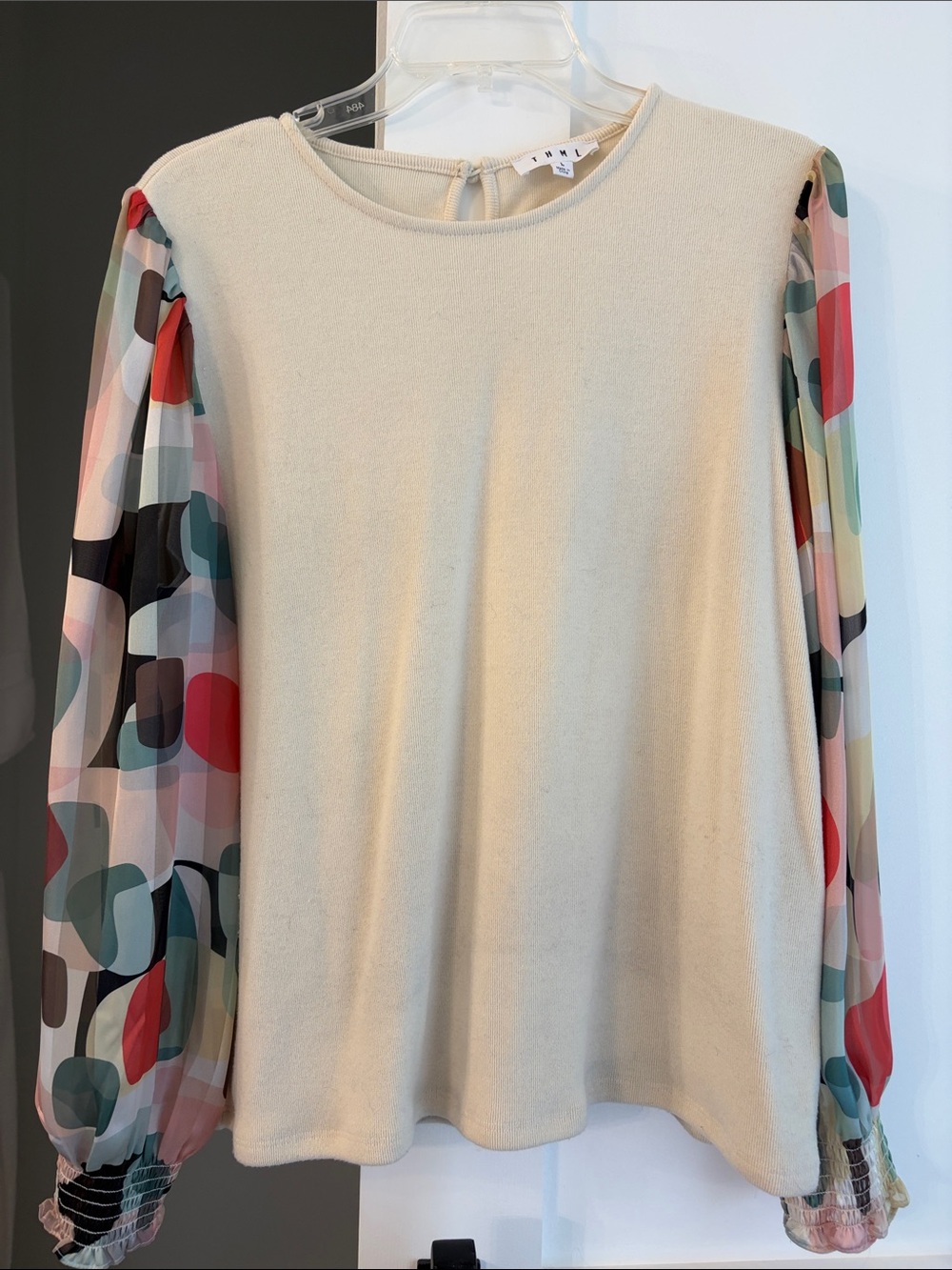 THML Cream Knit Top with Multicolor Sheer Balloon Sleeves